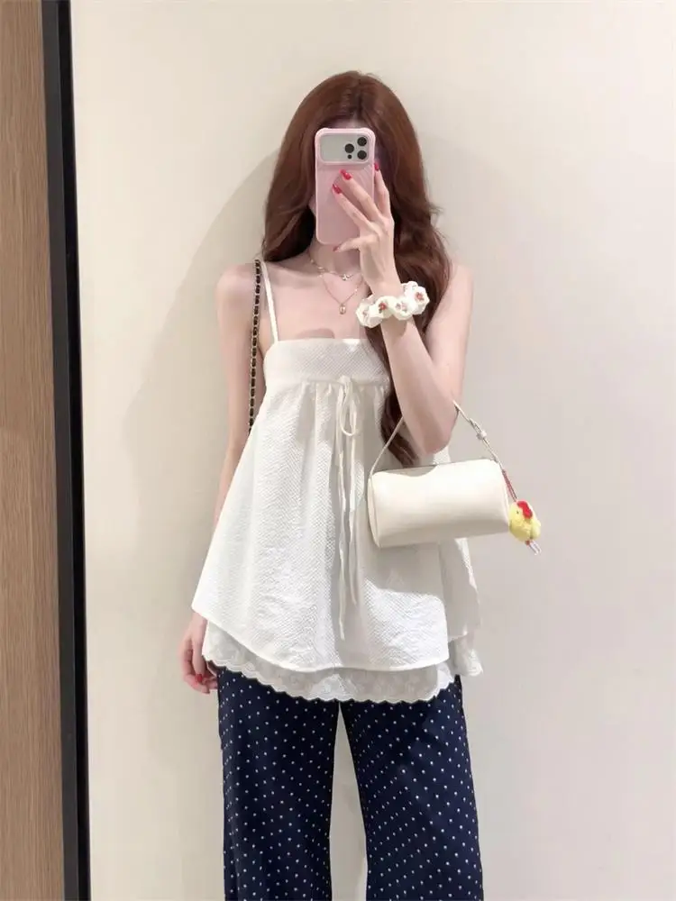 Korean Style Hollow out Lace Trim Splice Tube Top Vest Women Summer Loose Sleeveless Doll Shirt Upper Apparel