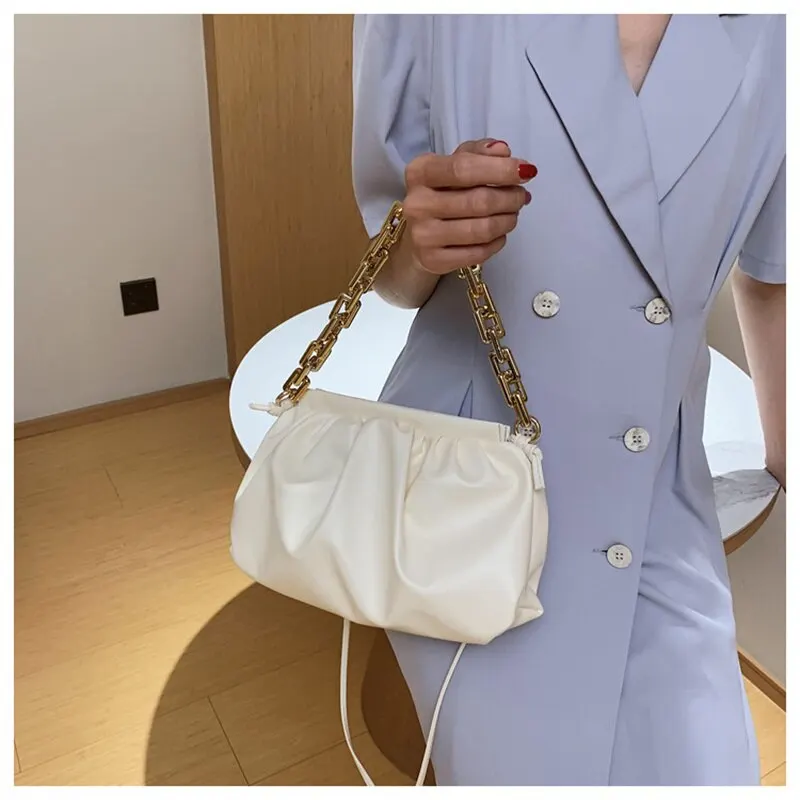 Women New Fashion Soft Clouds Pleated Satchel Chain Carrying Temperament Small Shoulder Bag Solid Color Simple Crossbody Bag