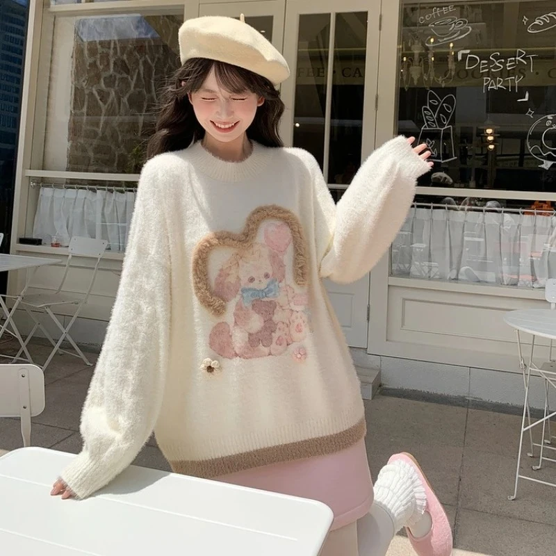 Kawaii لوليتا نمط محبوك البلوفرات النساء Harajuku الكرتون الأرنب سترة الخريف الشتاء اليابانية لطيف فضفاض تريكو معطف