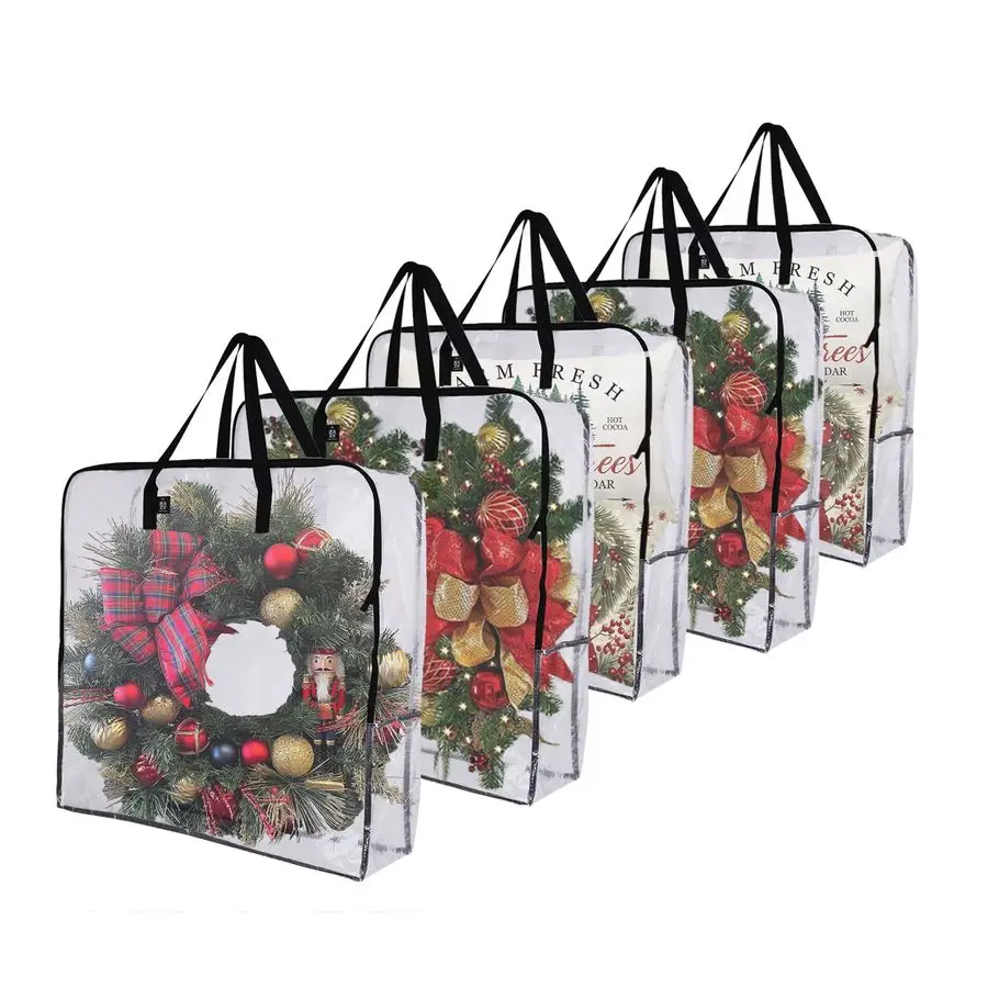 

5 Pack Wreath Storage Bag and Christmas Decoration Garland Container, 30 Inch Clear Wreath Bag, Holiday Decoration Organizers,
