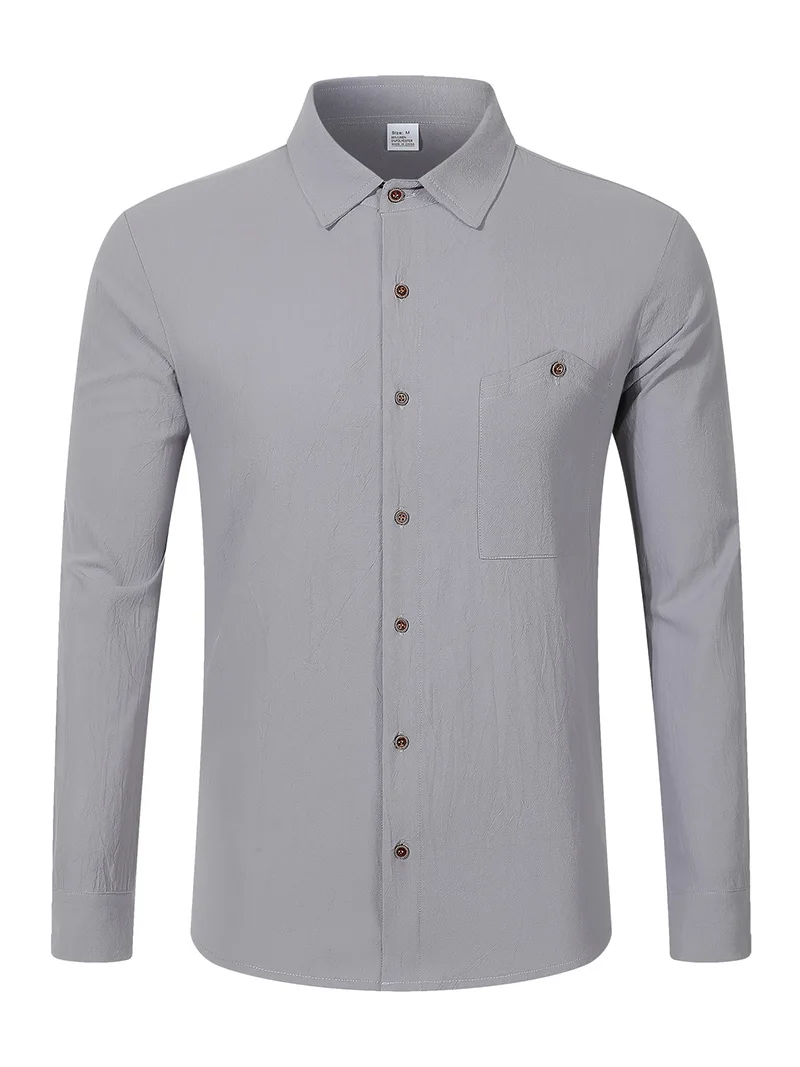 Herren Frühling Herbst Einfarbiger Leinen-Cardigan Reverskragen Langarm-Hemd Atmungsaktives Knopf-Oberteil Tägliche Freizeit Outdoor-Bekleidung – Detail 19