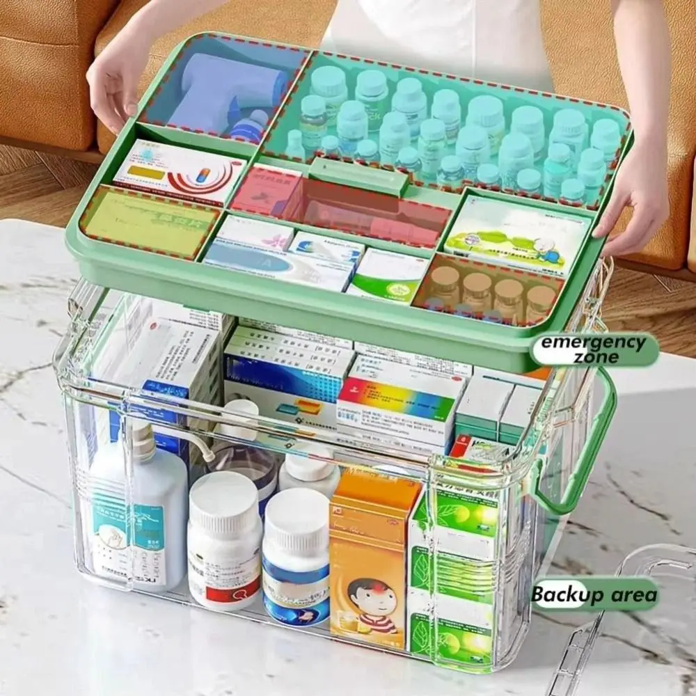 Simple Double Layers Pill Storage Box with Handle Plastic Emergency Box Moisture-proof Compartment Pill Box Outdoor