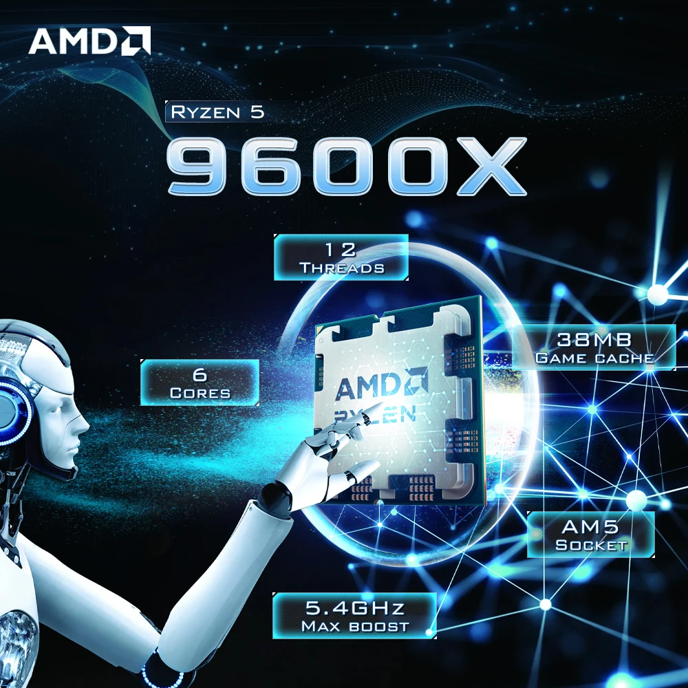 معالج AMD Ryzen 5 9600X 5.4 جيجا هرتز 6-Core 12-Thread L3=32M DDR5 4NM مقبس جديد 65 وات AM5 R5 9600X ولكن بدون مروحة