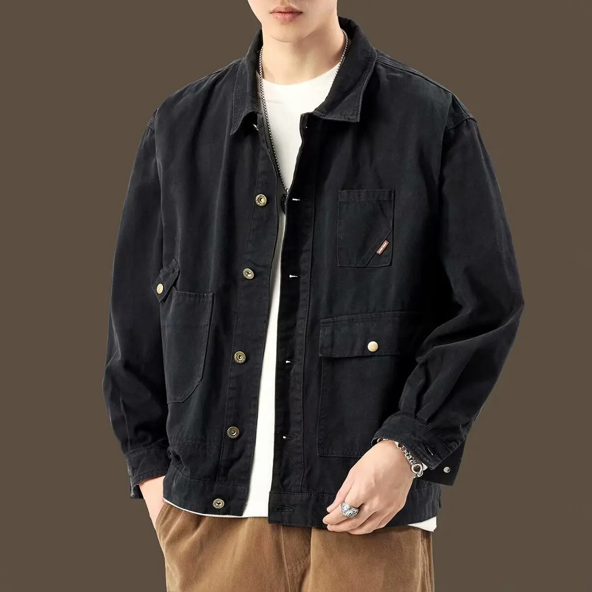 

Advanced sense Casual Men Jackets Black Workwear Multi-pocket Buckle Jacket Big Pocket Solid Vintage Autumn Jacket Clothing