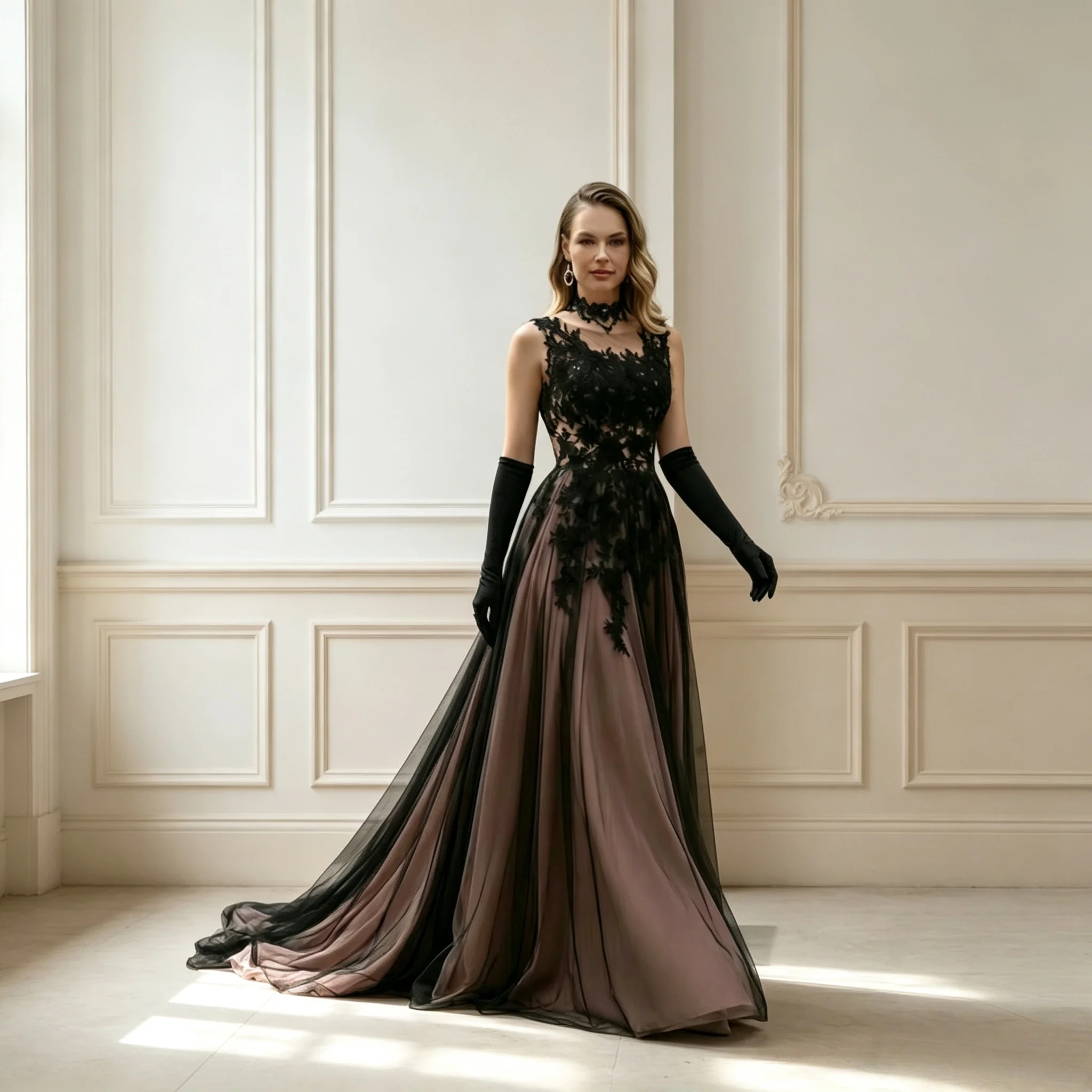 Black Lace Illusion Neck Wedding Evening Dress Vintage Gothic Wedding Dresses A-Line Tulle Formal Gown with Train Custom