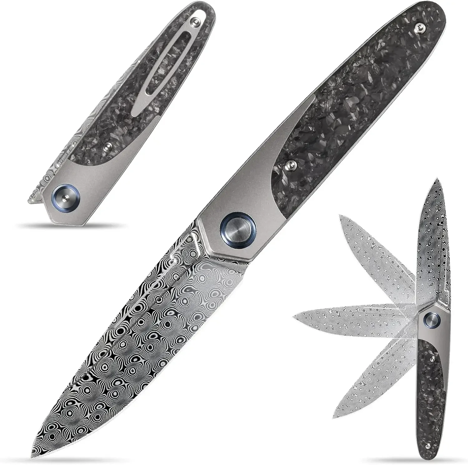 Sitivien ST245 Damascus Steel Pocket Knife Titanium Carbon Fiber Handle EDC Tool Folding Knifes for Work Camping Hiking Gift