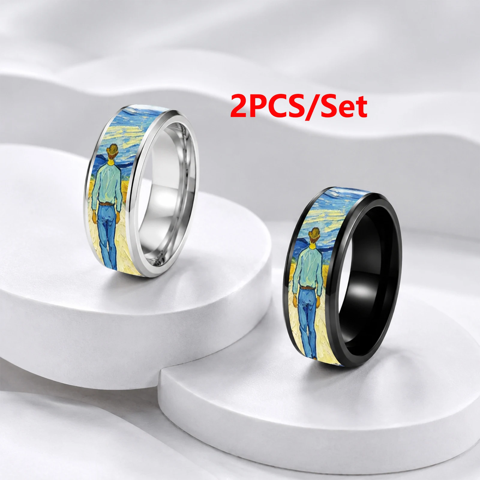 2Pcs/Set 8MM Abstract Oil Painting Stainless Steel Rings Set Polished Unique Double Beveled Black And White Stainless Steel Ring