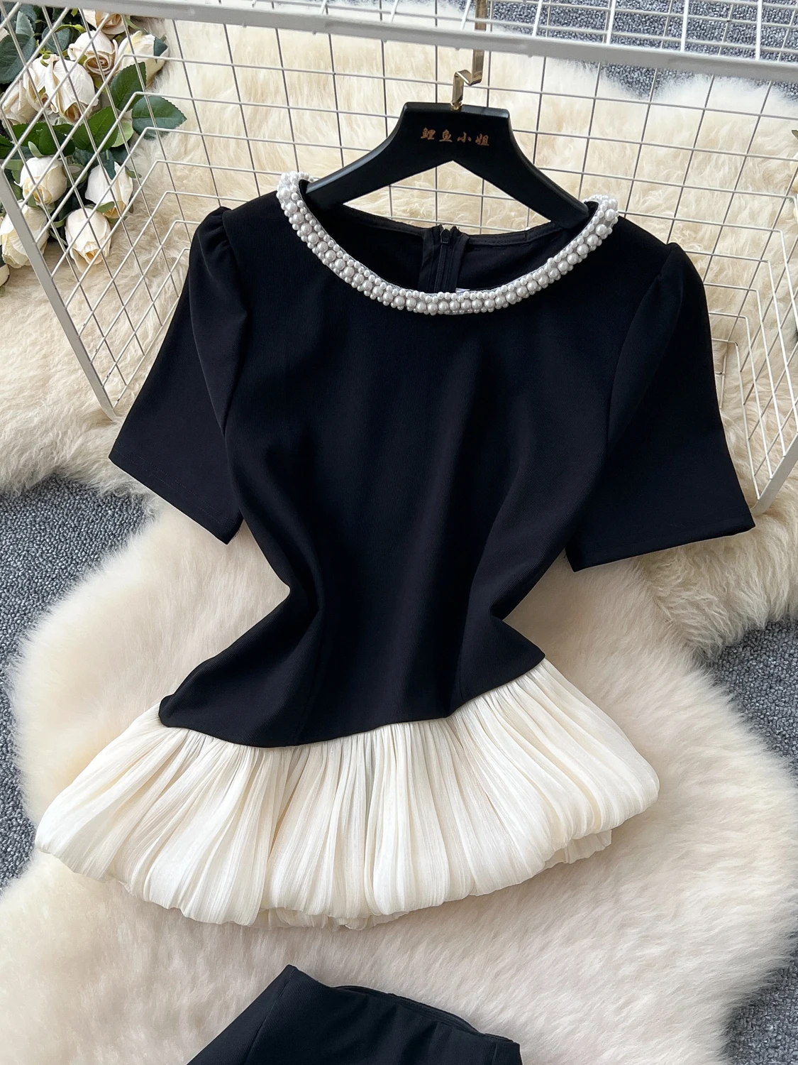 

Ele round Ne ort Sve Women's Summer Top with High Waist Skirt f-length Asymmetrical Design Pearlescent Embel...