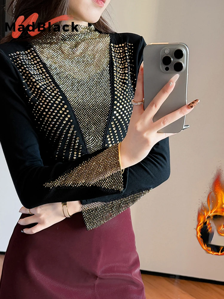 

MadBlack-Женская флисовая футболка в европейском стиле, сексуальный воротник с воротником-стойкой Hot Diamond, модная тонкая футболка S-3XL с длинными рукавами, новинка зимы 2025 года T5D609CC