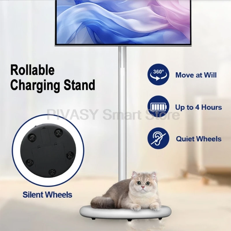 Mobile 27 Inch Battery-power Android13 Smart TV 6+128G Video Music Office Rotatable Touch Screen Movable Portable Tablet Stand