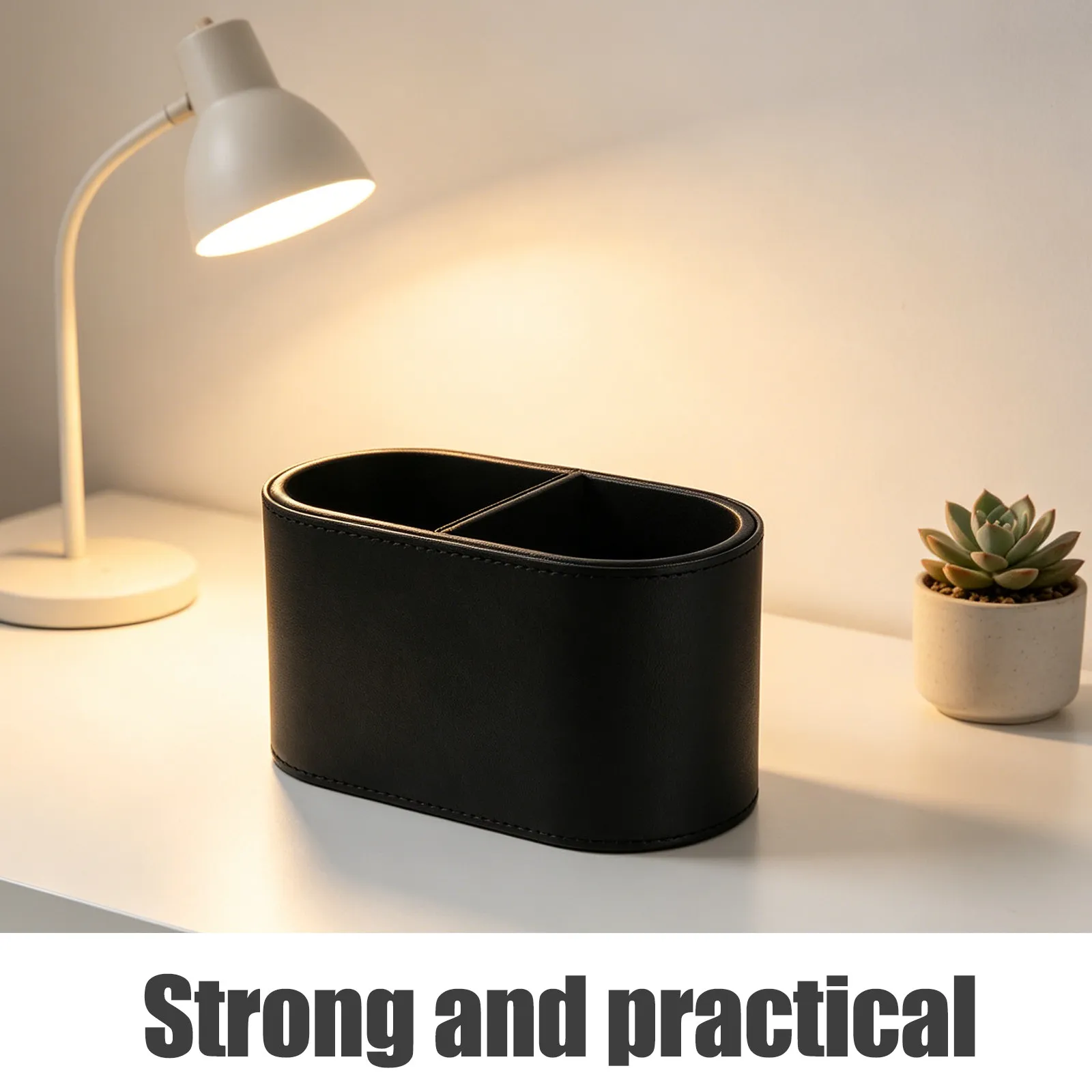 PU Desktop Pen Cup Organizer 2 Compartments Remote Control Makeup Brush Holder Office Classroom Bathroom Black