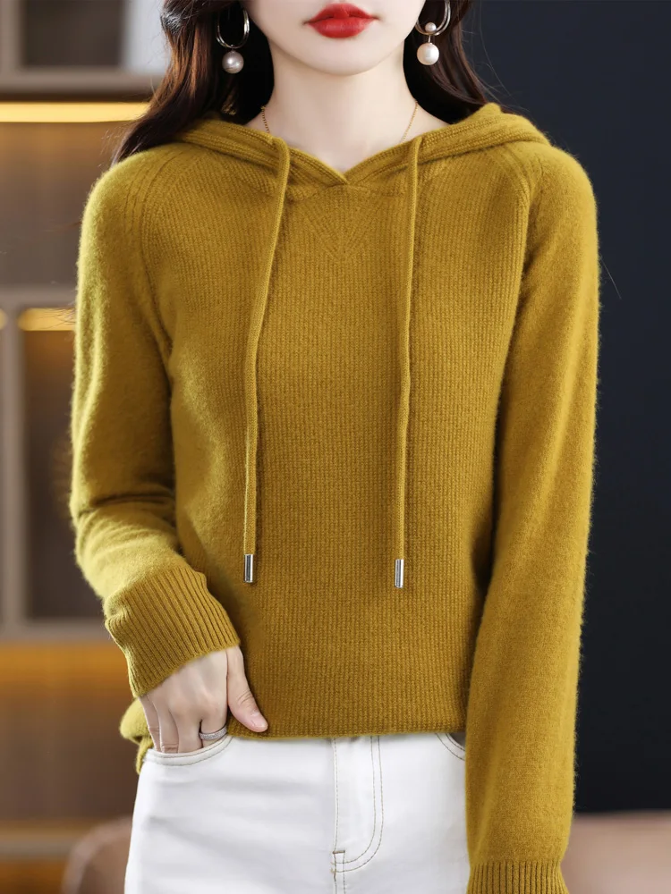 Autumn Winter Women Casual Hoodie 100% Merino Wool Pullover Sweater Raglan Sleeve Pure Colors Cashmere Knitwear Female Clothing