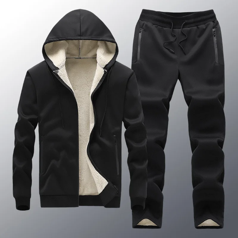 

Thickened Fleece Hooded Men's Fashion Set Winter Sportswear Long Sleeve T-shirt Short Pants Cotton Rabbit Fur Casual Suit