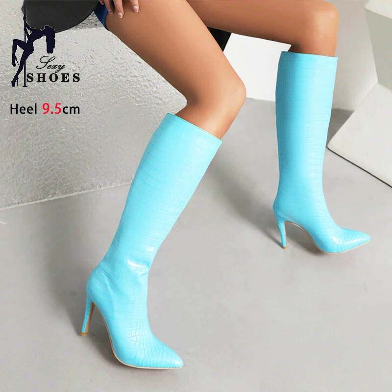 Green Long Boots Nightclub Women Boot Thin High Heels Knee High Boots Elegant Lady Pointed Toe Party Shoes Plus Size 43 44 45 46