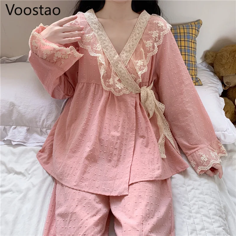 Spring Autumn Sweet Lolita Princess Pajama Set Women Vintage Palace Style Lace Ruffles Lounge Home Wear Girly Casual Sleepwear