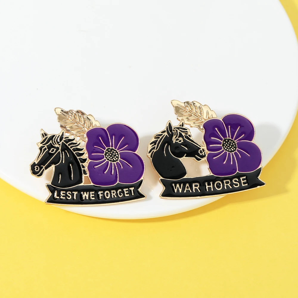 Funny War Horse Purple Poppy Pattern Enamel Brooches Lest We Forget Remembrance Day Golden Pins Memorial Badge