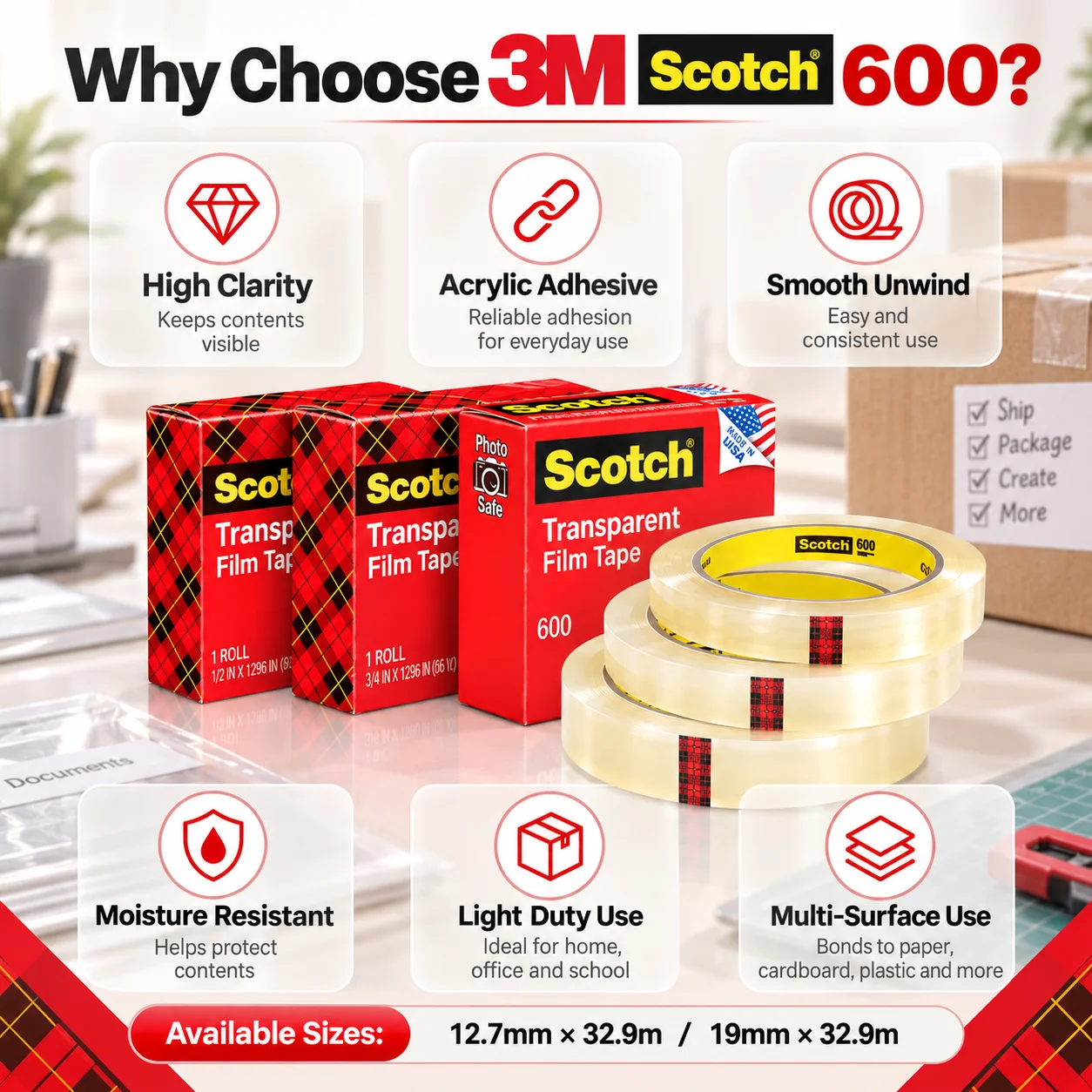 3M Scotch 600 Transparent Film Tape High Clarity Acrylic Adhesive for Packaging Documents Labels Photo Use 12.7/19mm x 32.9m