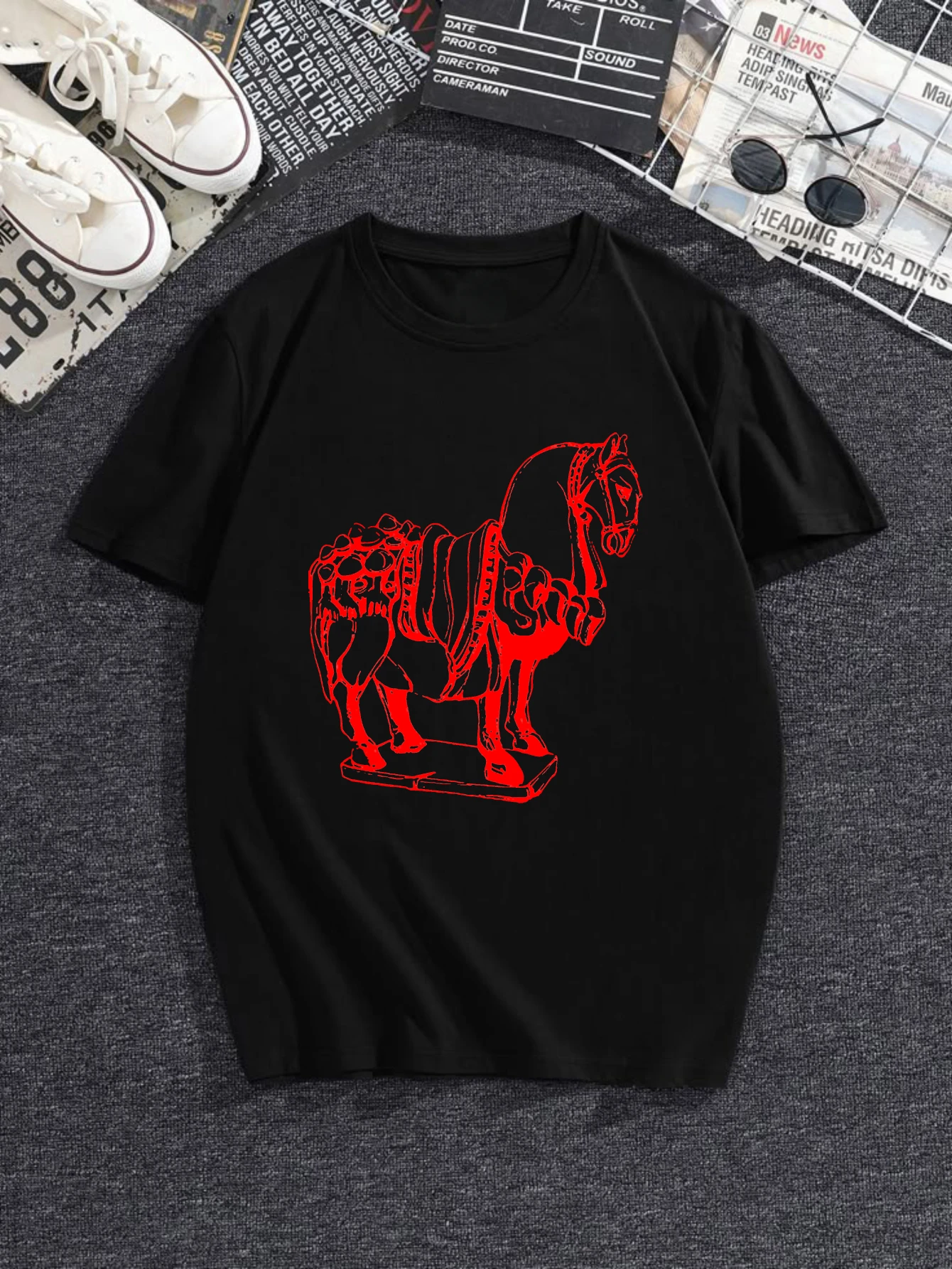 

Women's T-shirts Chinese style Casual Vintage Short sleeve tee Casual 100% cotton Red Lion Skeleton Design printed tee four s