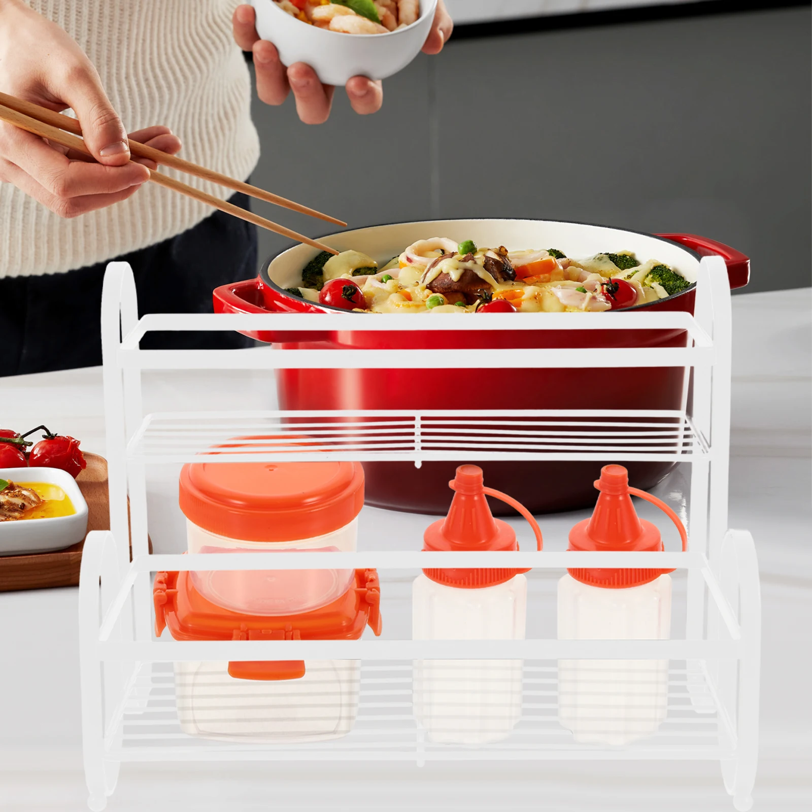 

Double Layer Spice Rack White Metal Seasoning Organizer Premium Iron Material Strong Load-bearing Kitchen for Countertop