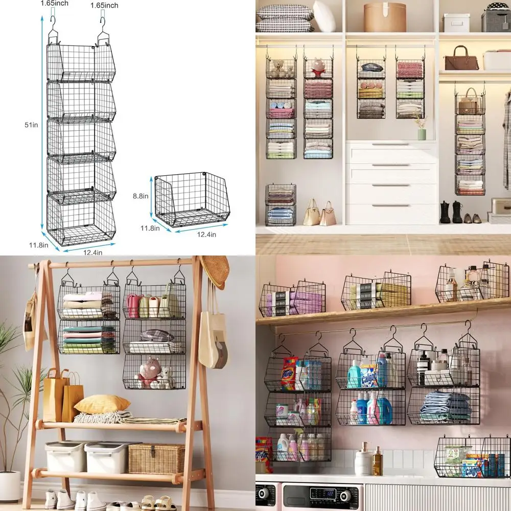 

5-уровневый подвесной органайзер для шкафа с 4 крючками, проволочные корзины для одежды, обуви, аксессуаров