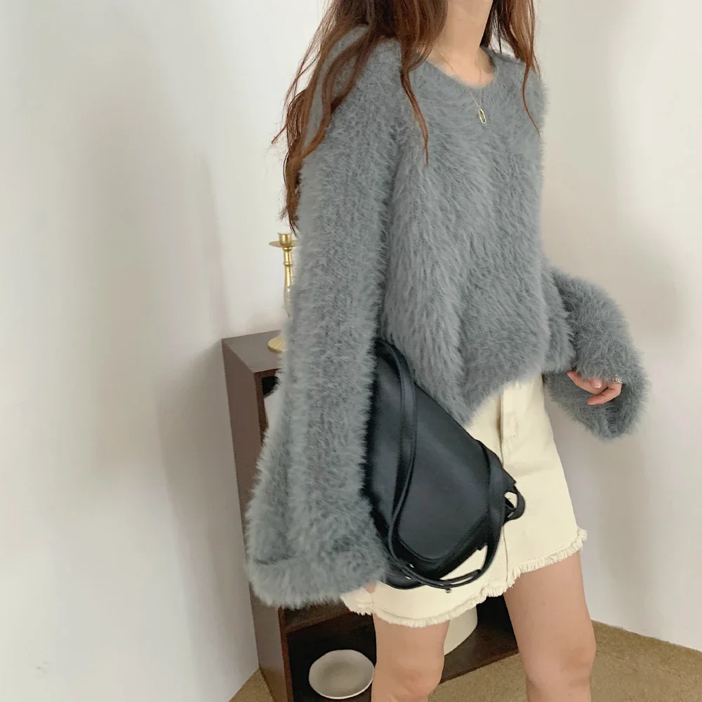 2024 Women Autumn Winter Elegant Khaki Mink Cashmere Sweater Warm Full Sleeve Round Collar Thick Loose Knitted Pullover Jumpers