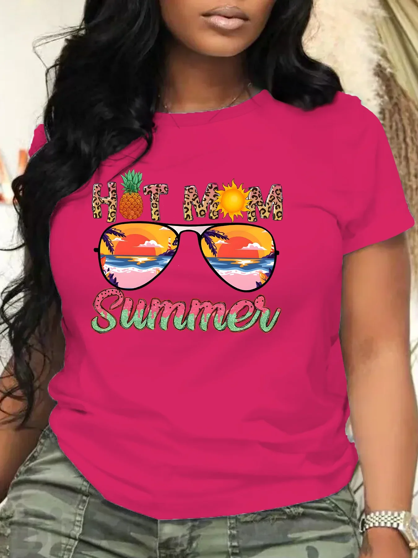 Plus Size Women's Summer Casual Short Sleeve O-Neck Tops Printed Graphic Leopard Print Pineapple Glasses Plus Size T-Shirt