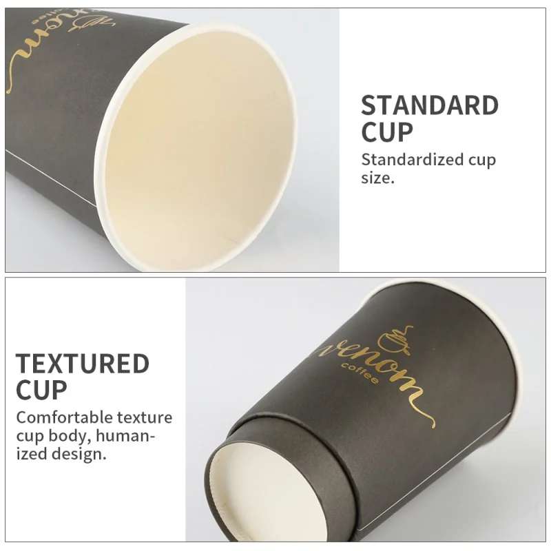 Customized product4oz 8oz 12oz disposable double wall gold foil stamping custom logo all black hot coffee paper cup  with PS lid