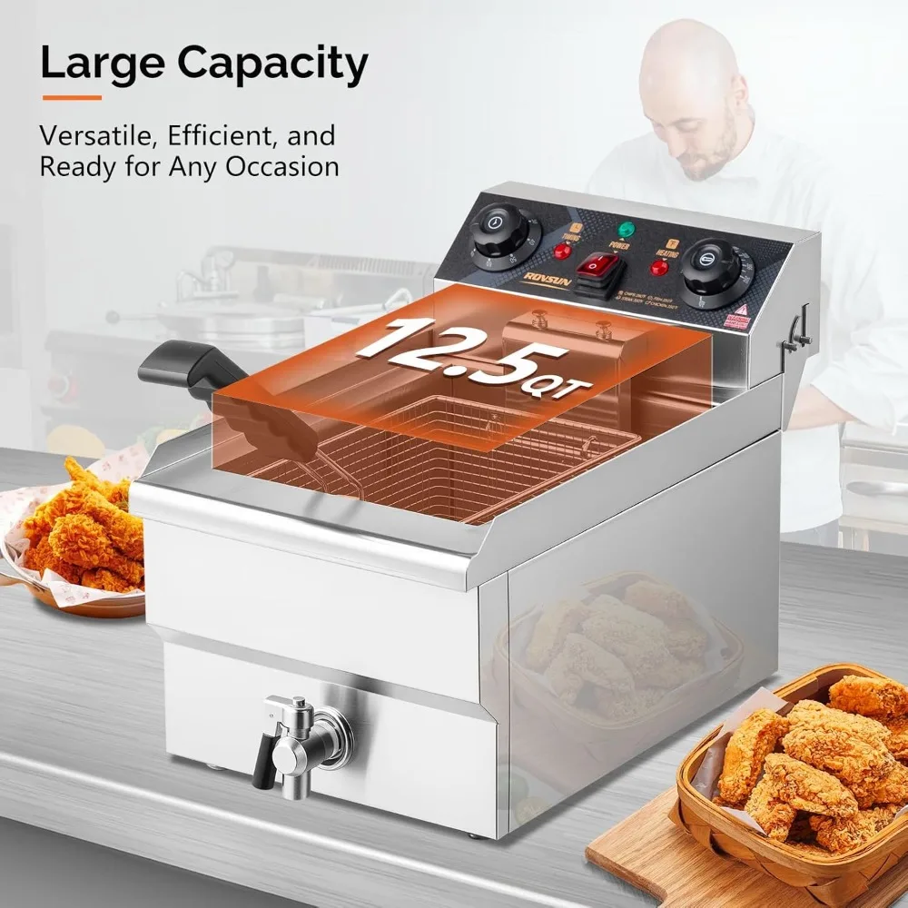 with Basket, Timer, Drain, and Lid, Commercial Single Tank Frying Machine Electric Deep Fryer 12.5 Quart/11.8 Liter