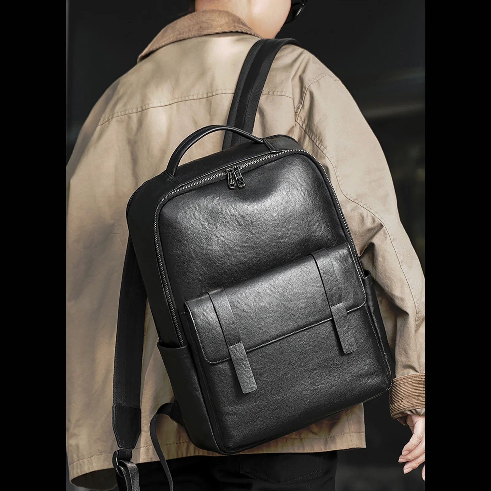 Stylish Genuine Leather Backpack for Men with 14” Laptop Flap Cover Vintage Commute Casual Rucksack Mochila for Work Travel