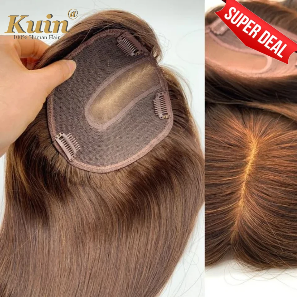 Women Toupee Silk Base Topper Clip In Real Human Hair Wigs Hairpiece With Bangs Straight Hair Toppers For Women Hair Extensions