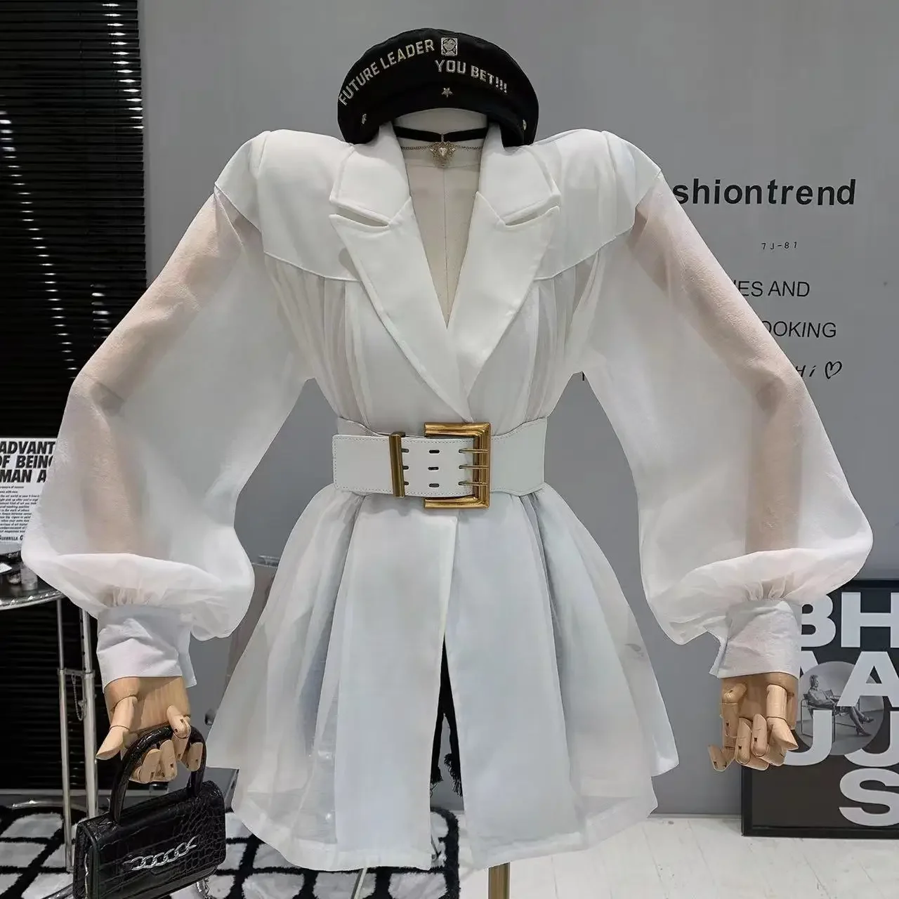 Korean Fashion Mesh Blouse Women Summer Autumn Long Sleeve See Through White Shirt With Belt Vintage Loose Tops E2168