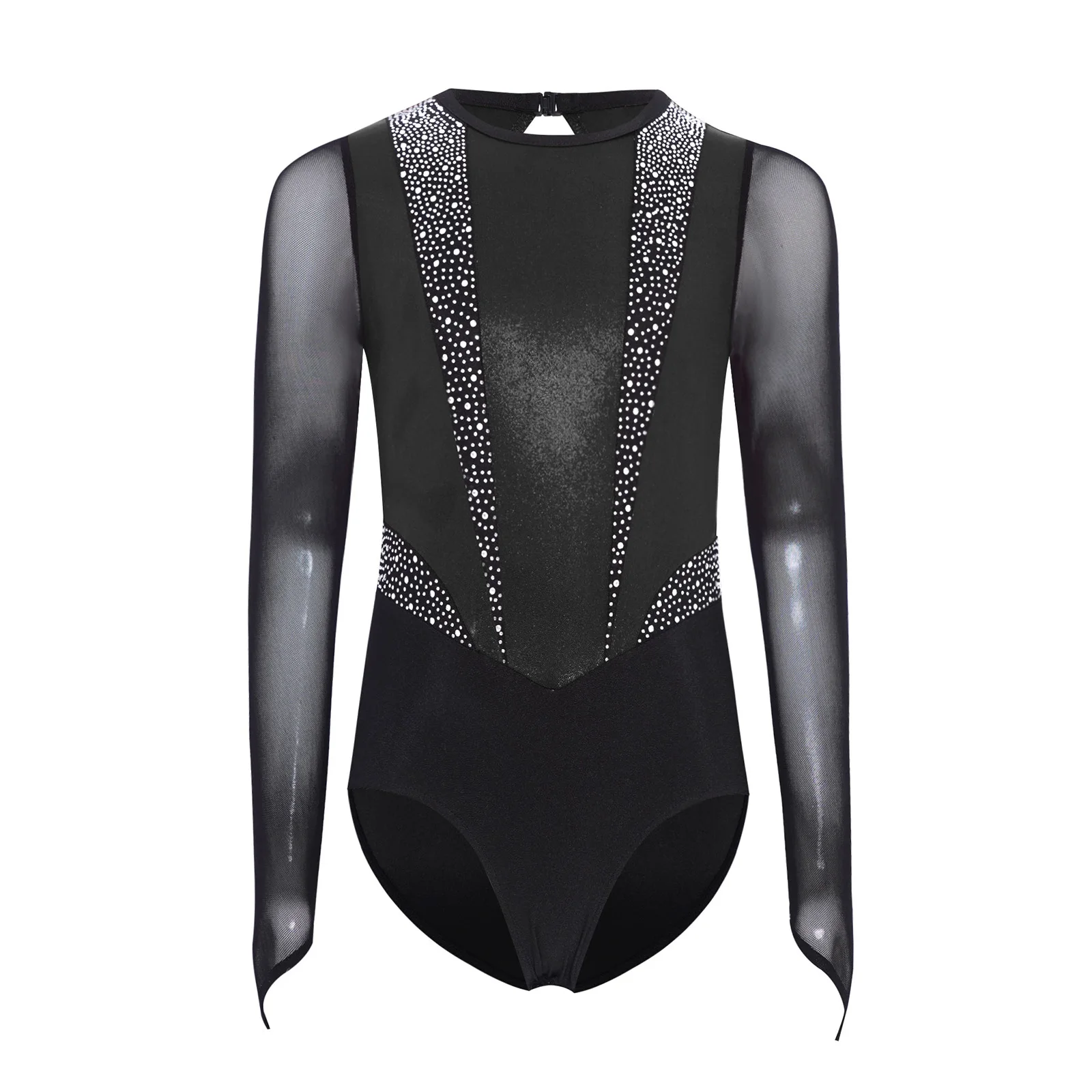 Kids Girls Gymnastics Leotard Shiny Metallic Rhinestones Sheer Mesh Long Sleeves Keyhole Back Figure Skating Ballet Bodysuit New