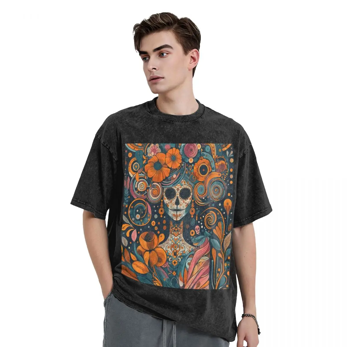 Mexican Catrina Girl Day Of The Dead Sugar Skull Washed T Shirts Short Sleeve Hip Hop T-Shirt Streetwear Tops Tees for Men Women