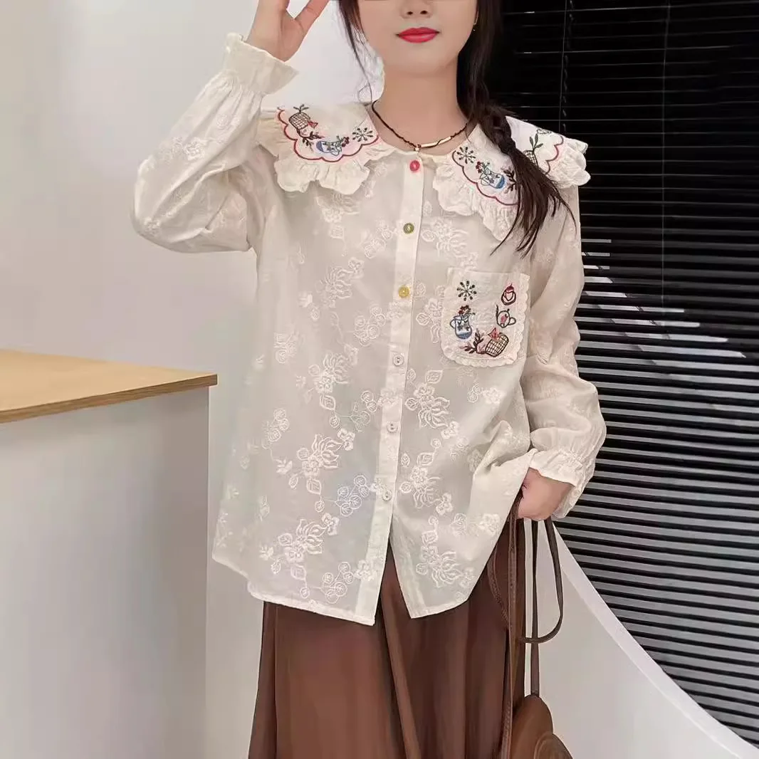 New Autumn Cotton Long Sleeve Shirt, Women Peter Pan Collar Embroidery Top, Mori Girl Sweet Loose Blouses, 2024 Winter T487150QC