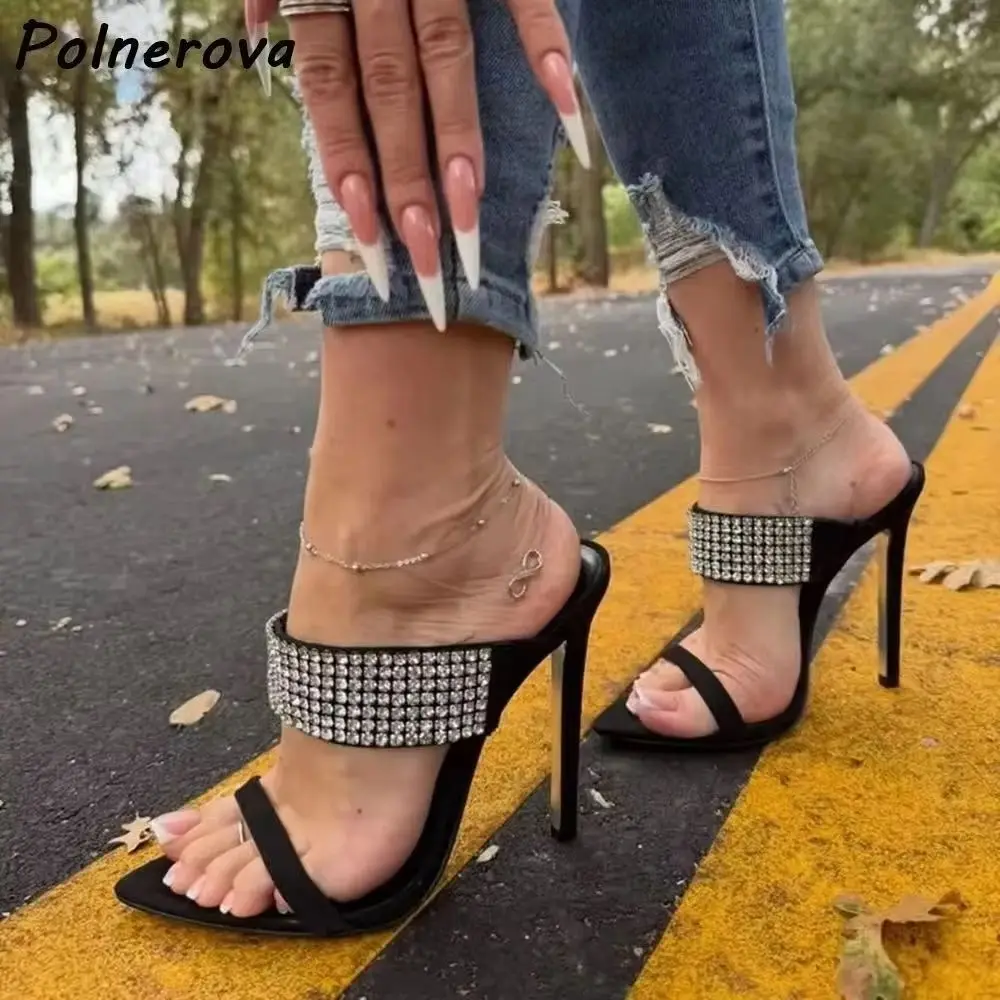 Women Rhinestone Embellished Slippers Pointed Toe Stiletto Heel Mules Black Sandals Summer Suede Open Toe Slide Sexy Shoes