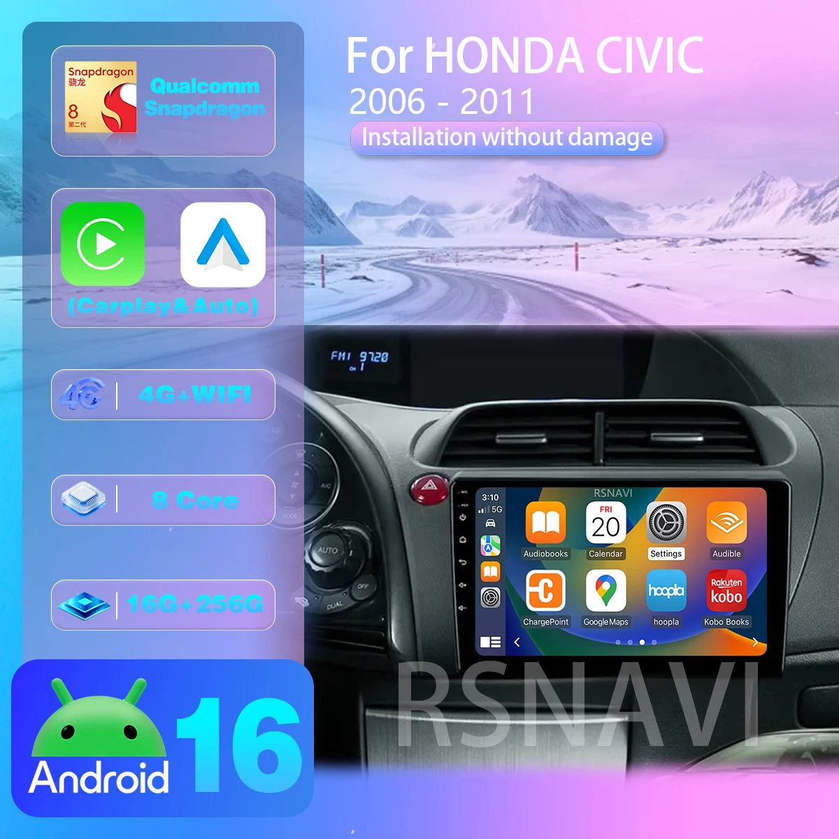 RSNAVI Android 16 Für Honda Civic Hatchback 2006 - 2011 Autoradio Carplay Auto GPS Navigation Multimedia Player Qualcomm Bildschirm