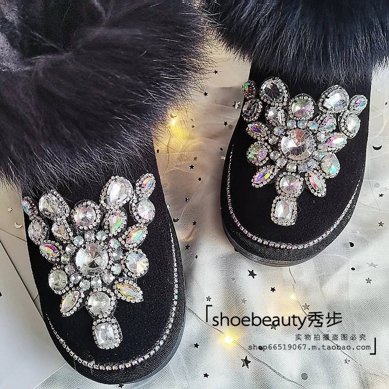 Handmade Custom Black Fur Luxury Rhinestones Snow Ankle Boots Woman Winter 2022 New In Crystal Diamonds Warm Plush Winter Shoes