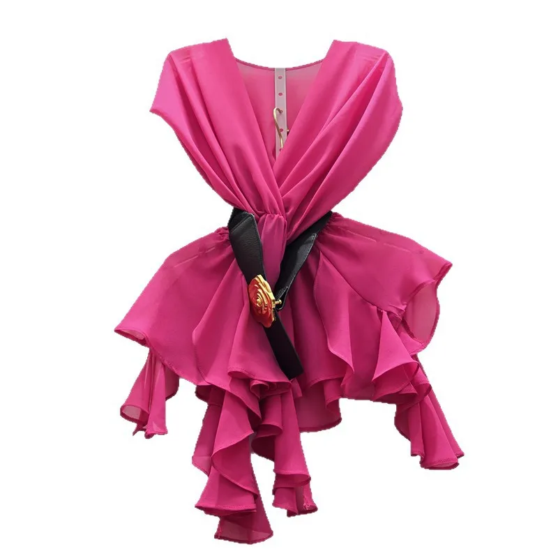 ฤดูร้อนยุโรปใหม่ INS Niche Design V คอพิมพ์เข็มขัดเอวอเนกประสงค์ Chic Light หรูหราเสื้อด้านบนสําหรับผู้หญิง