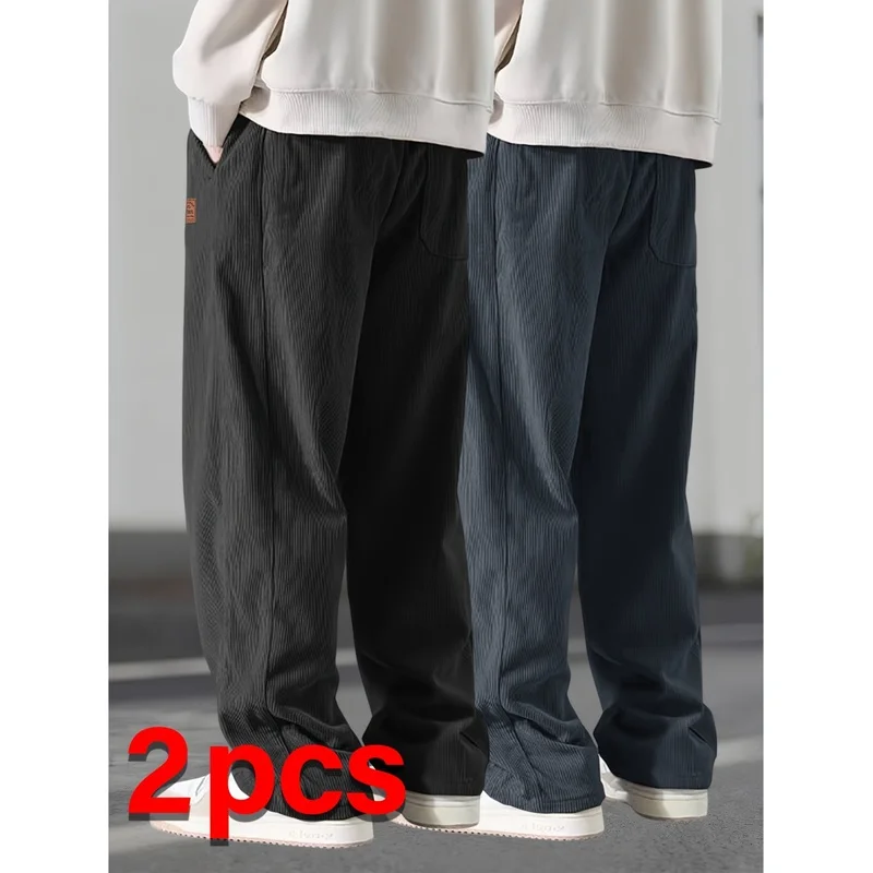 Winter Male 2-Pack Men's Fleece Warm Corduroy Drawstring Casual Pants Man Cold Weather Clothing Clothes Thermal Lined Sports