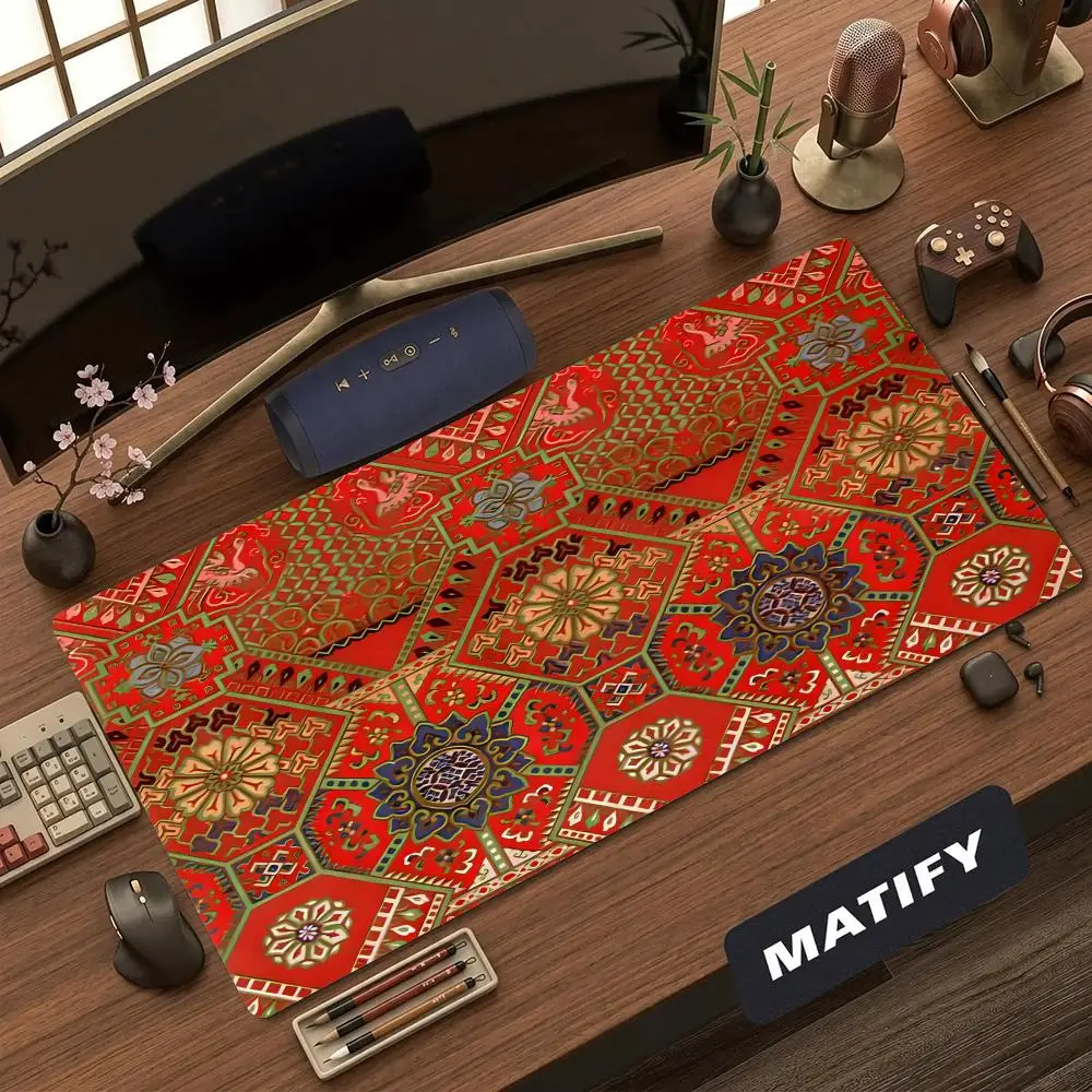 Large Gaming Mouse Pad Red Ornament Tile XXL Deskmat Non-slip Rubber Keyboard Mat Ethnic Floral Pattern Computer Mousepads