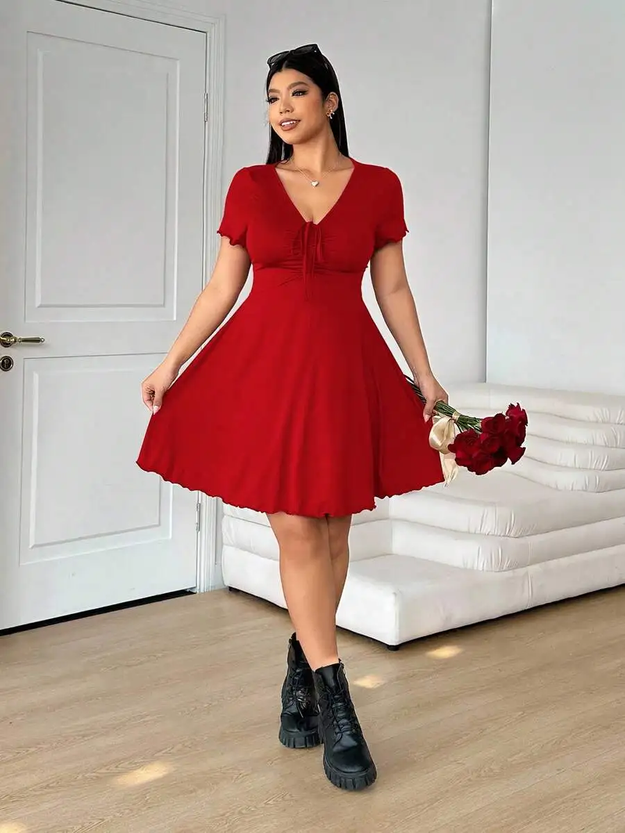 

Plus Size Women Red V-Neck Twist Front Midi Dress For Valentines Day