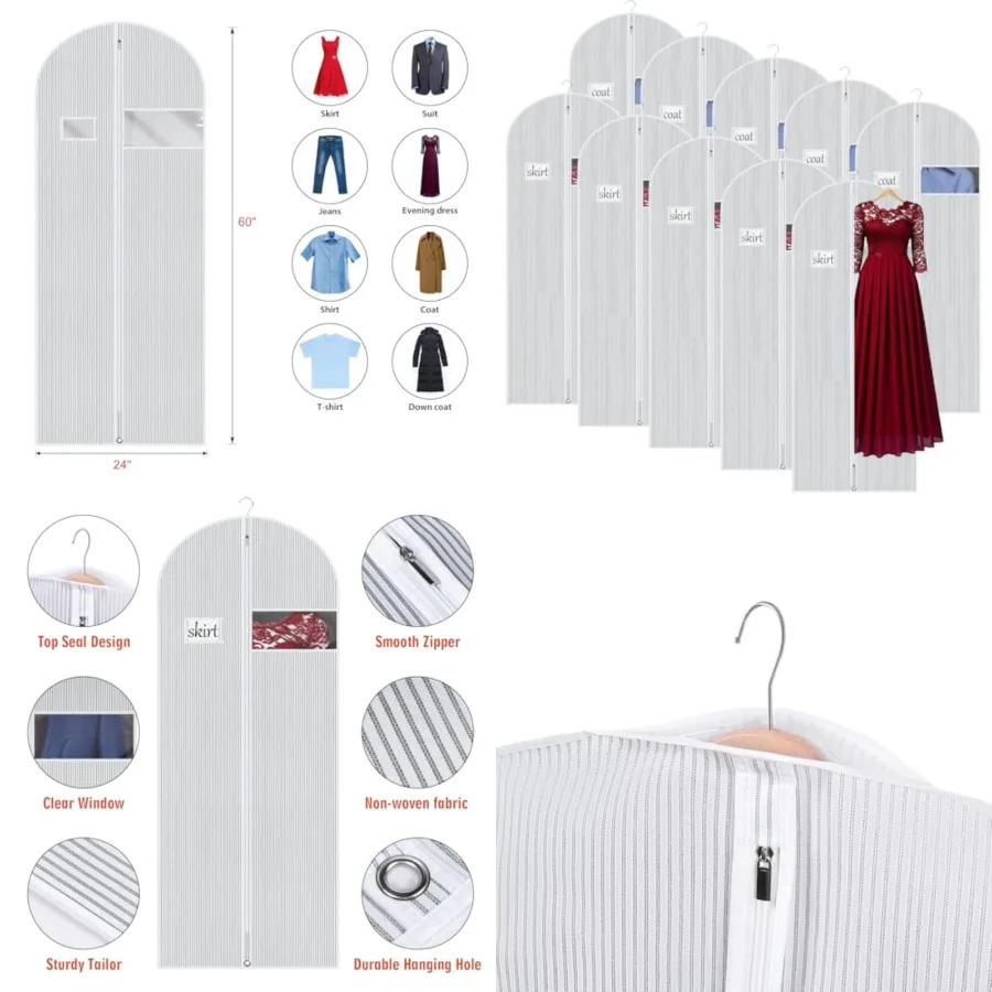 

60 Inch Lightweight Garment Bag for Hanging Clothes, Full Zipper Dress Bags for Gowns Dress Cover with Clear Window and ID Card