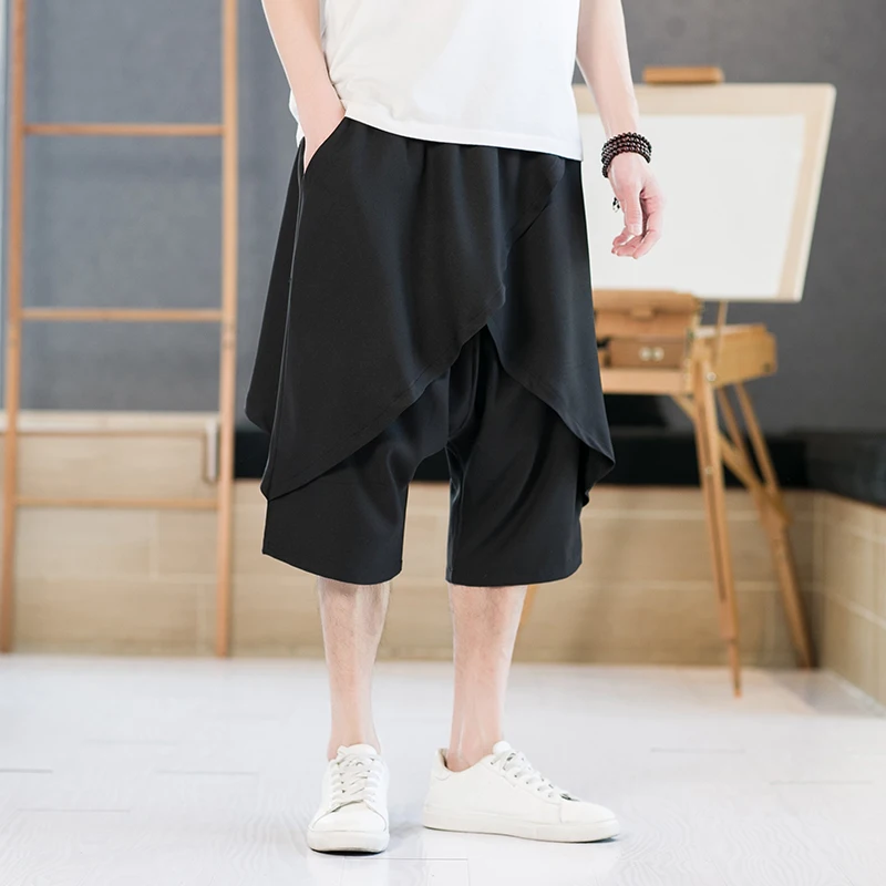 Summer Mens Baggy Shorts Layered Cross-pant Knee-length Short Pants Black White Thin Streetwear Hip Hop Oversize Casual Shorts