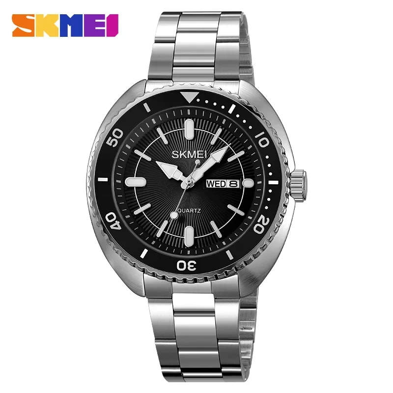 SKMEI 2256 Luxury Waterproof Sport Stainless Steel Quartz Watch for Men Calendar Week Back Light Display Mens Wristwatch Relojes