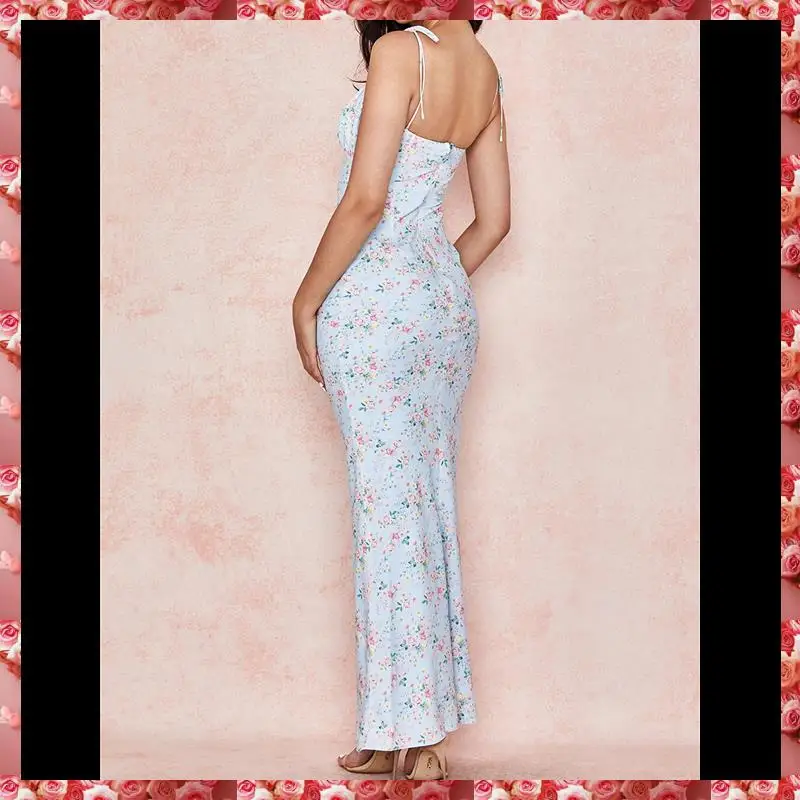 Abito lungo aderente floreale estivo da donna Abito lungo bohémien senza maniche con cinturino per spaghetti