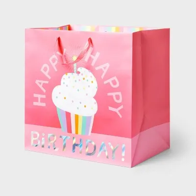 Bolsas de Regalo Grandes Cuadradas 'Feliz Cumpleaños' para Cupcakes, Color Rosa - : Rosa, Papel, 15"X15"X10", Grande, Unisex