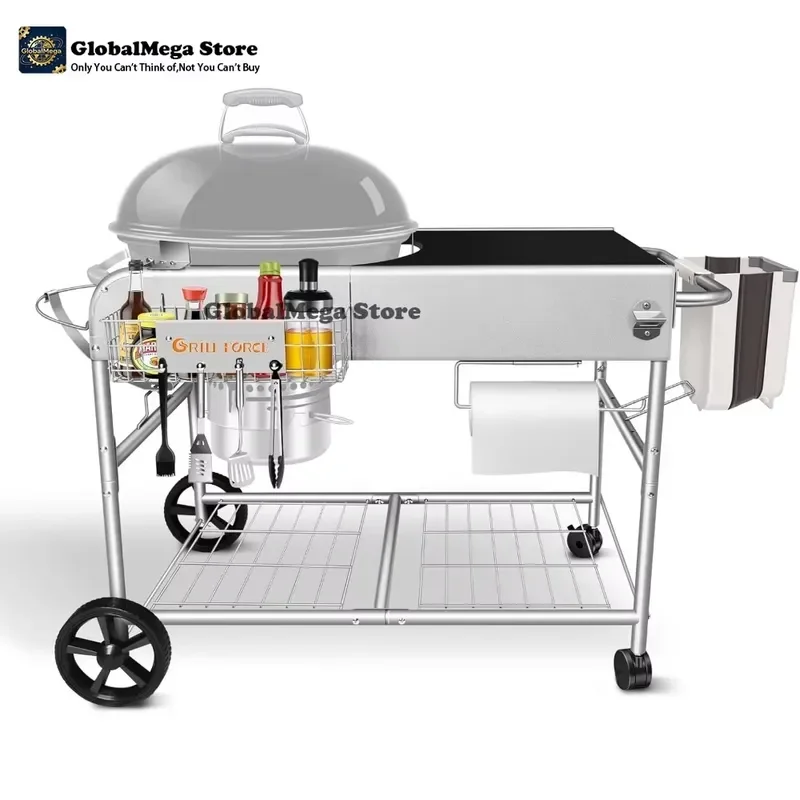 2026 Latest Grill Prep Table Cart for Weber 18 22 Inch Kettle Charcoal BBQ Grill with Storage Shelf Outdoor Cooking Station
