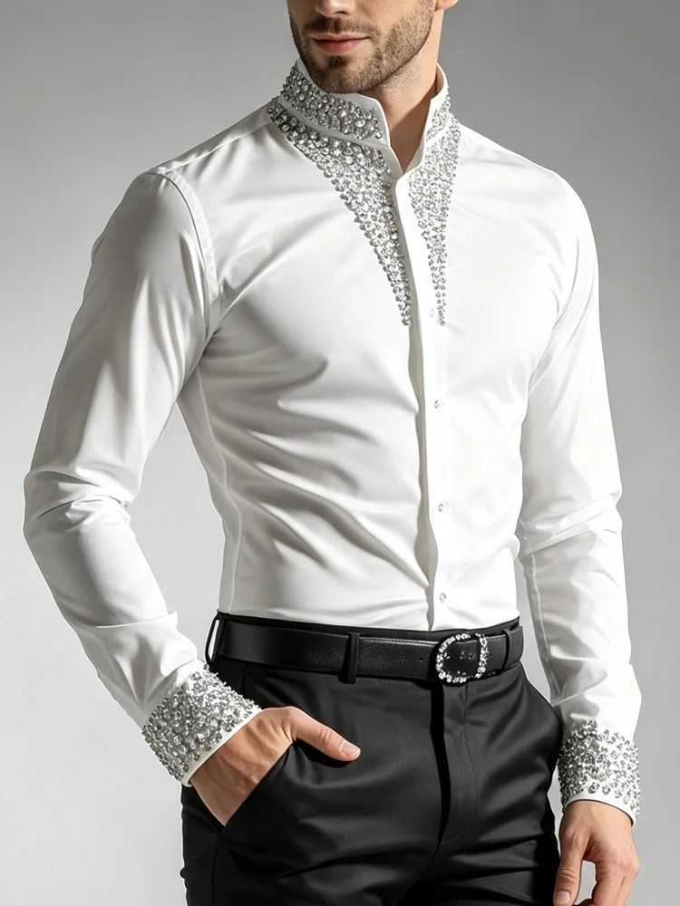 Men's Casual Business Shirt Luxury Rhinestone Single Breasted Long Sleeve Fashion Slim Fit Wedding Party Formal Office Blouse