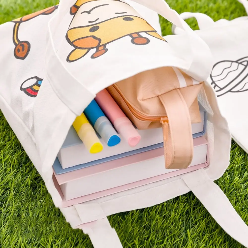 Bolsa de lona Graffiti DIY para estudantes, bolsa de ombro durável reutilizável, grande capacidade, Tutorial dos desenhos animados resistente ao desgaste, pintura