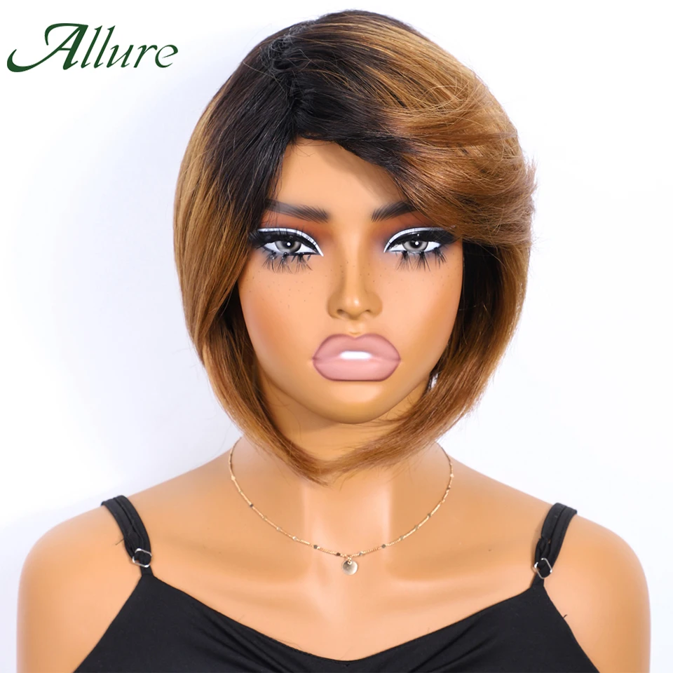 

Парик Allure Peruvian Short Straight Bob из натуральных волос с челкой, полностью машинной работы, с боковым пробором, TT1B/30, для женщин